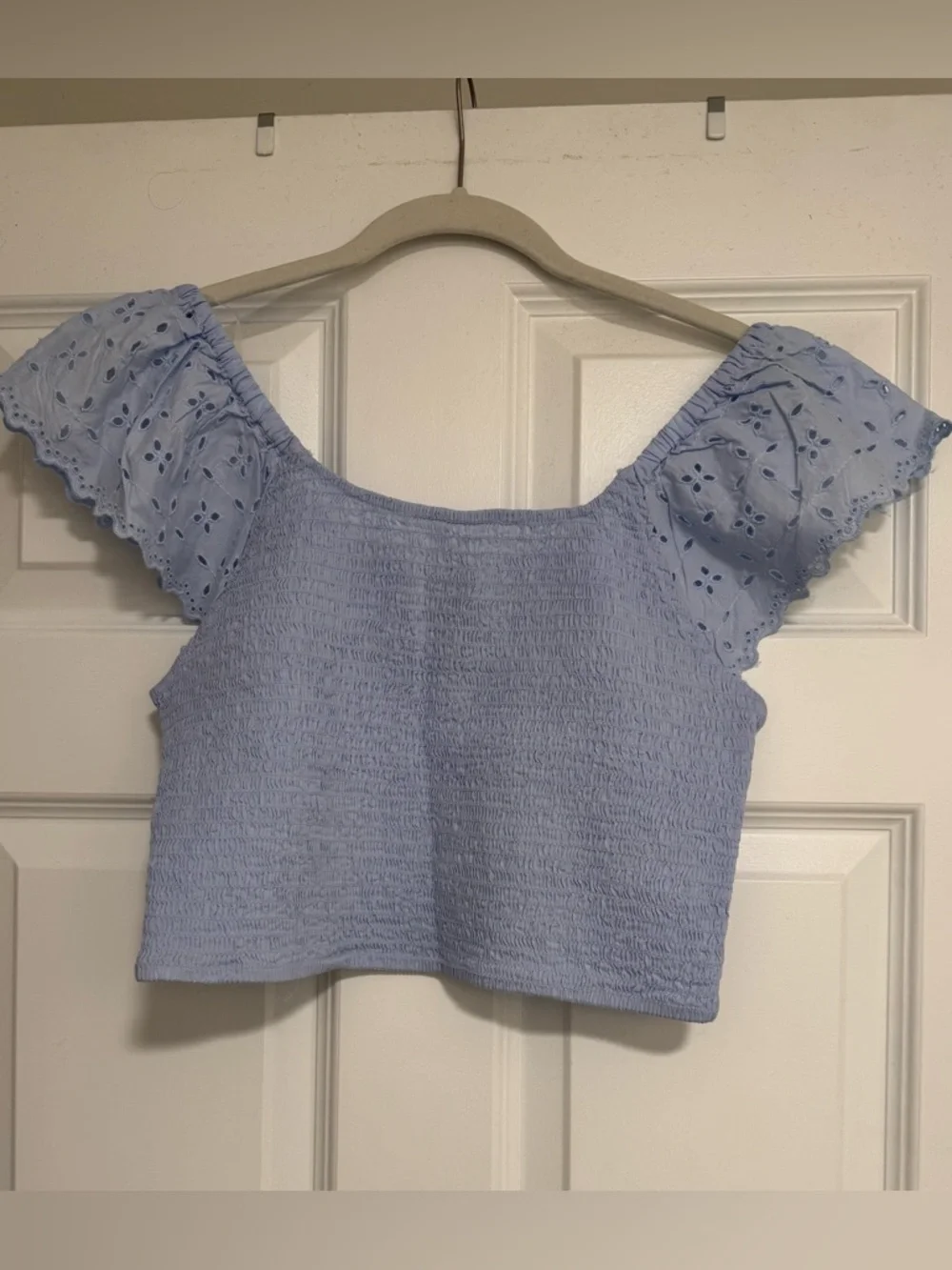 Universal Thread Light Blue Smocked Crop Top with Eyelet Sleeves - Picture 3 of 6